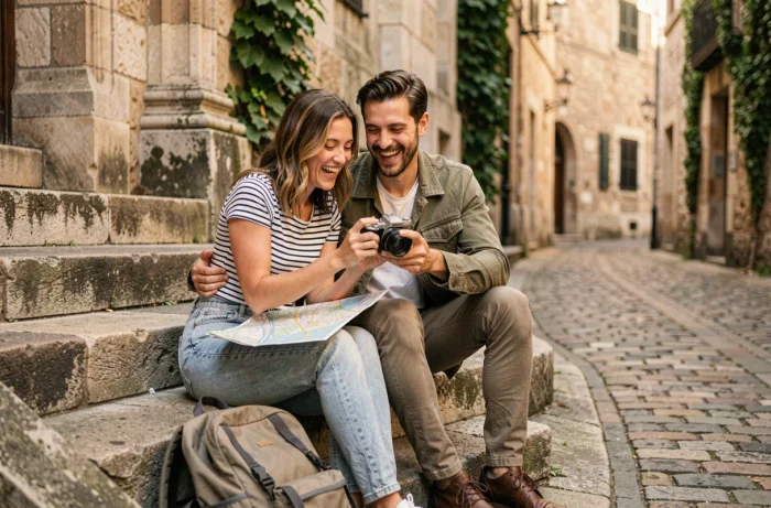 Couple de voyageurs riant en consultant leurs photos devant un monument historique en Europe