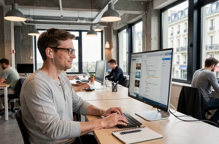 Homme en espace de coworking parisien suivant une formation en ligne aux métiers du numérique