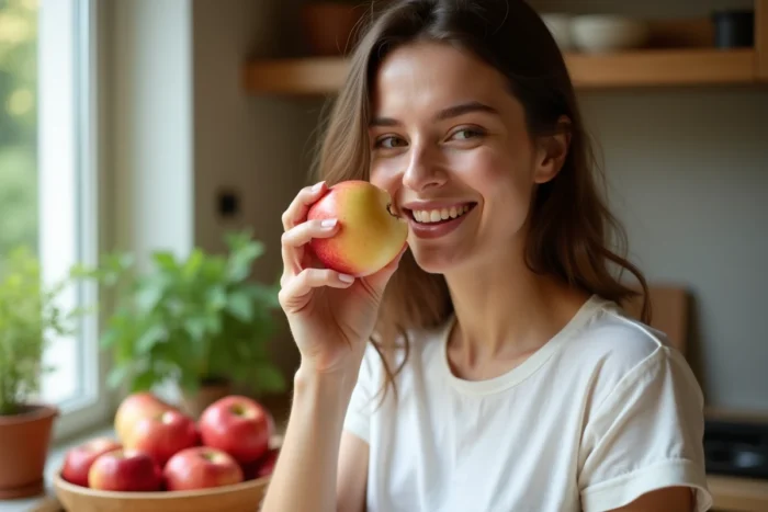 Jeune femme croquant une pomme entière fraîche dans une cuisine ensoleillée avec un bol de fruits en arrière-plan