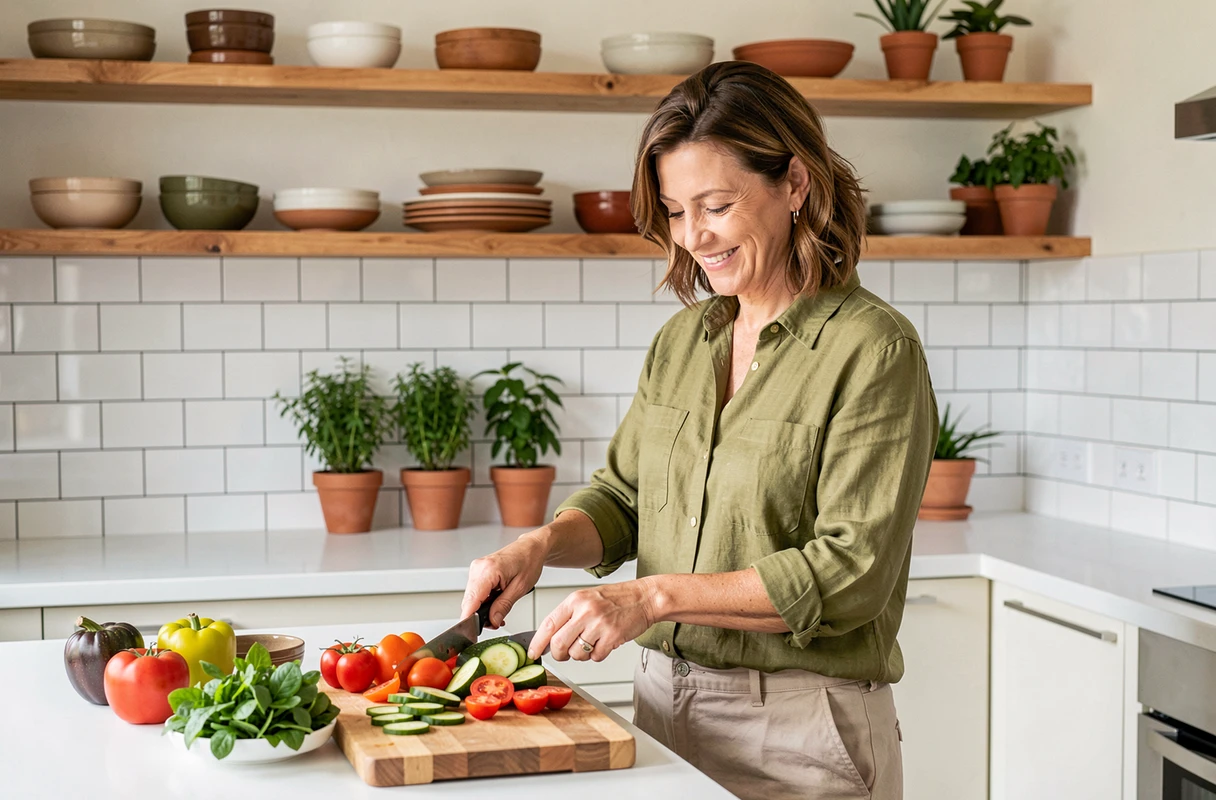 Femme préparant un repas sain et coloré dans une cuisine moderne dans le cadre d'une routine bien-être équilibrée