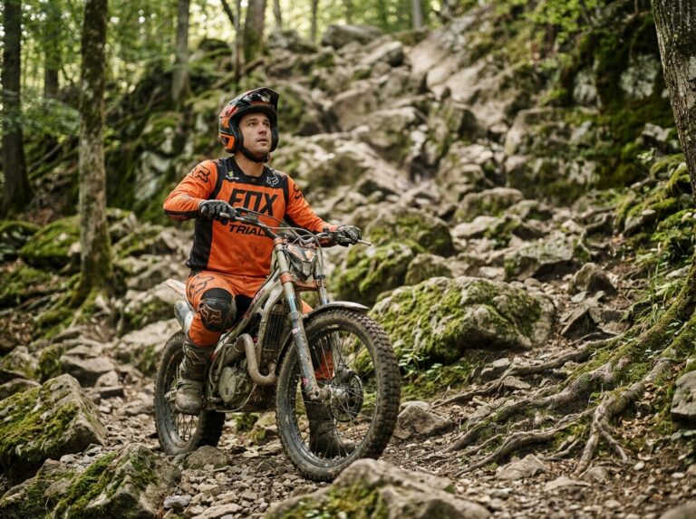 Motard débutant en trial moto face à un terrain rocheux difficile en forêt, illustrant les erreurs de lecture de parcours