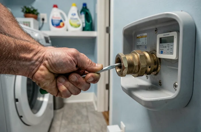 Mains d'un technicien réglant la vanne de contrôle d'un adoucisseur d'eau lors d'un dépannage