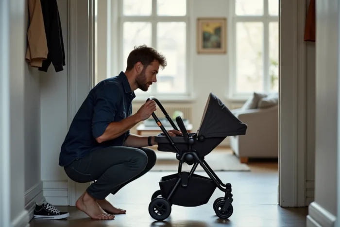 Père dépliant une poussette Trottine 55 dans l'entrée d'un appartement moderne, étapes de dépliage illustrées