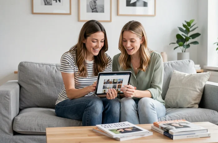 Deux femmes découvrant ensemble les dernières nouveautés du site Owly Mary sur une tablette dans un salon scandinave