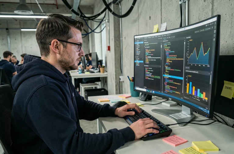 Développeur logiciel analysant des données de tests sur un écran ultrawide dans un bureau tech moderne