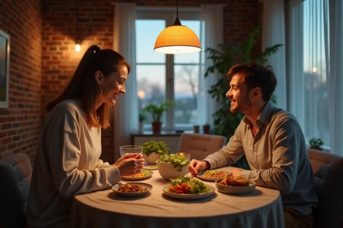 Couple partageant un dîner sain et équilibré composé de légumes rôtis et de salade de lentilles à la maison