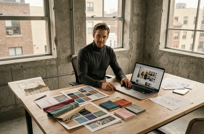Directeur créatif travaillant sur des tendances saisonnières dans un studio minimaliste moderne
