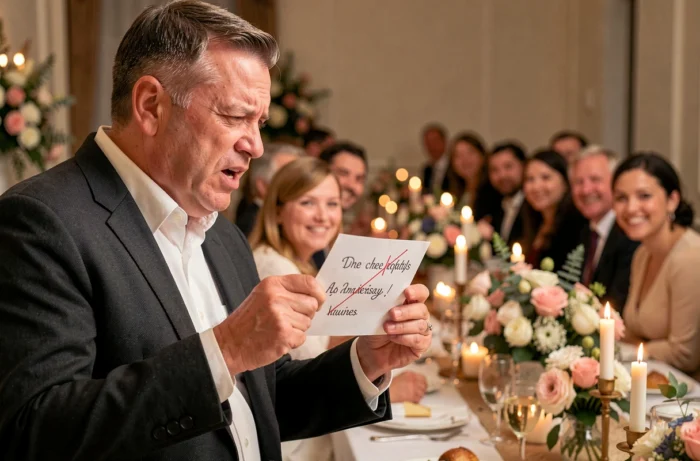 Un invité livrant un discours humoristique avec des contraintes imposées lors d'un repas d'anniversaire de mariage, sous les rires des convives