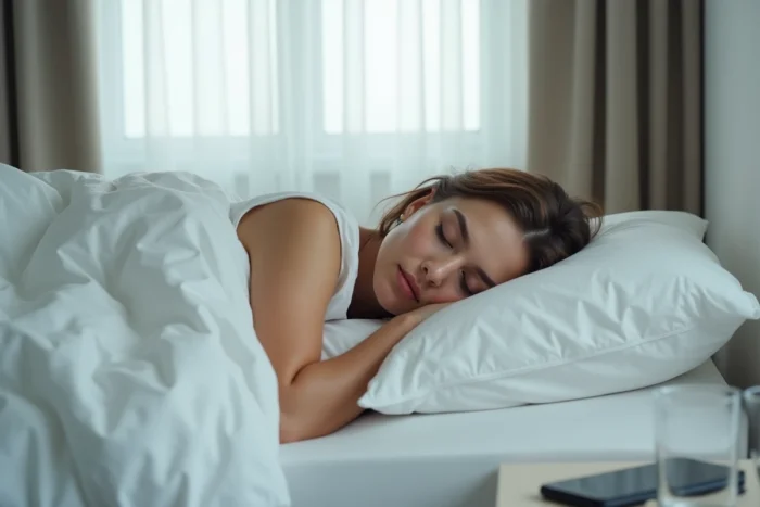 Jeune femme dormant paisiblement dans un lit aux draps blancs dans une chambre minimaliste pour réguler les hormones de la faim