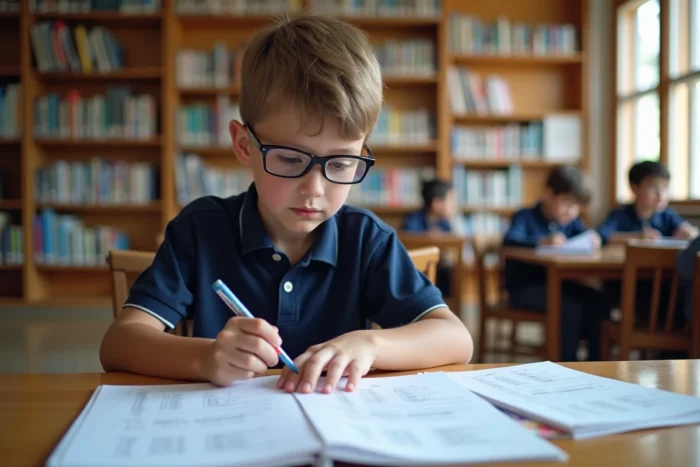 Élève de collège qui compare sa rédaction avec des corrigés PDF imprimés dans une bibliothèque scolaire