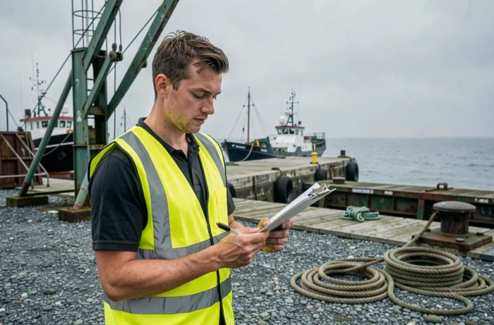 Jovem trabalhador em colete amarelo consultando documentos nos cais de um porto normando, ilustrando as oportunidades de emprego no setor marítimo da Manche