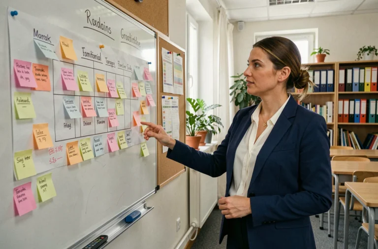 Enseignante organisant sa classe avec des tableaux et des notes adhésives colorées dans une salle de classe moderne