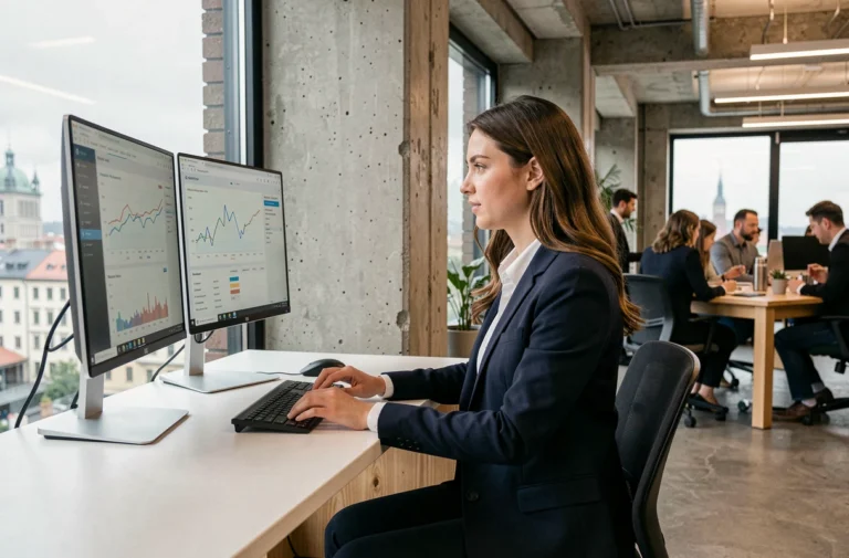 Jeune entrepreneuse suisse travaillant dans un bureau de startup moderne à Zurich avec des écrans d'analyse de données