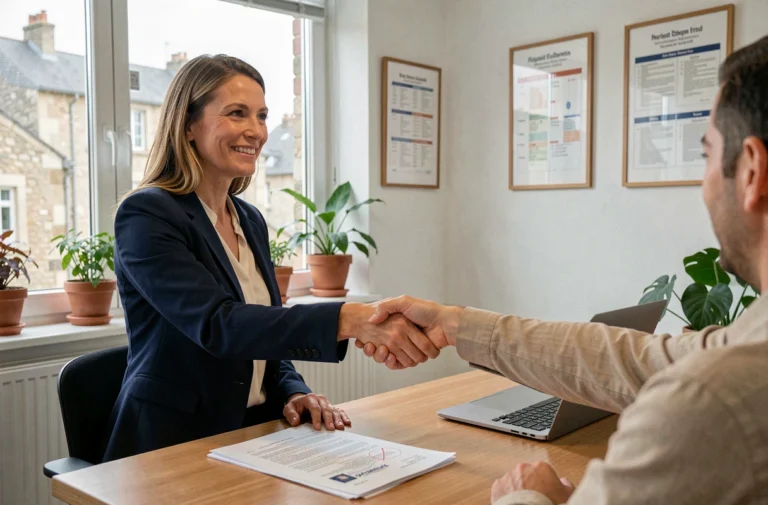 Femme candidate à l'emploi serrant la main d'un recruteur dans une agence de Normandie, illustrant la recherche d'emploi dans la Manche