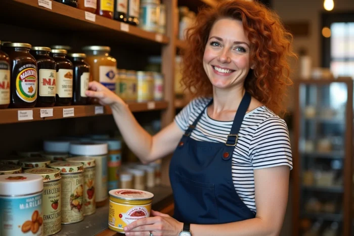 Épicerie britannique spécialisée avec produits anglais typiques comme Marmite, marmelade et shortbread sur des étagères en bois