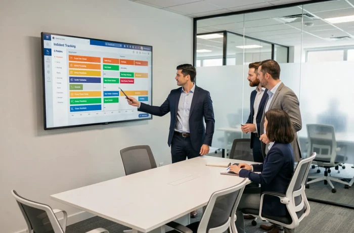 Professional team in a meeting room collaborating on an incident tracking system displayed on a large touchscreen