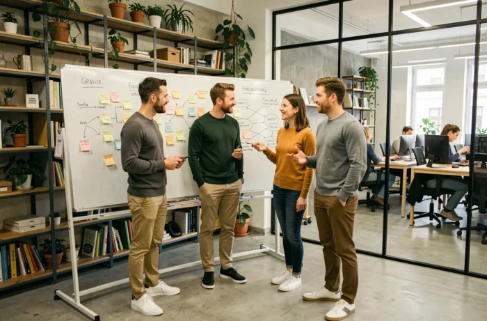 Équipe de fondateurs de startups suisses en session de brainstorming stratégique dans un espace de coworking à Genève