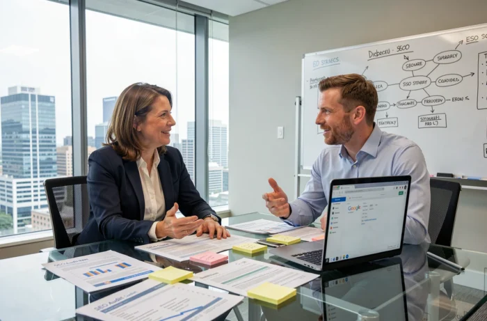 Équipe marketing collaborant sur une stratégie de référencement SEO avec des rapports d'audit et un tableau de bord Google Search Console en salle de réunion