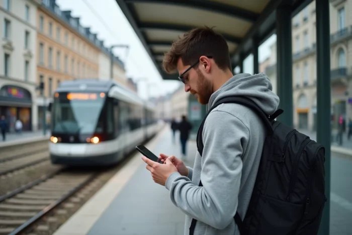 Un étudiant consultant l'application self-service Keolis Orléans sur son smartphone à un arrêt de tram