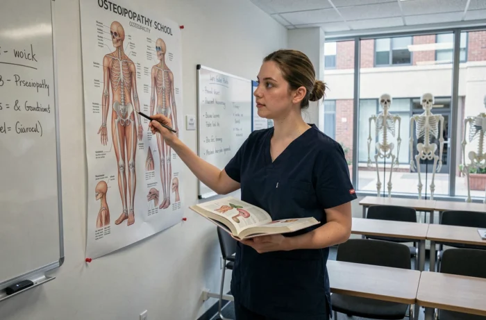 Étudiante en ostéopathie étudiant un schéma anatomique musculo-squelettique dans une salle de cours