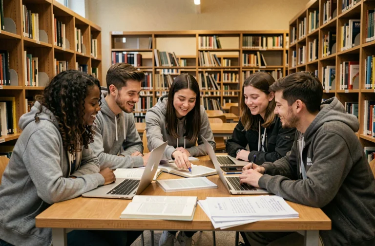 Groupe d'étudiants solidaires travaillant ensemble autour d'une table dans une bibliothèque universitaire française