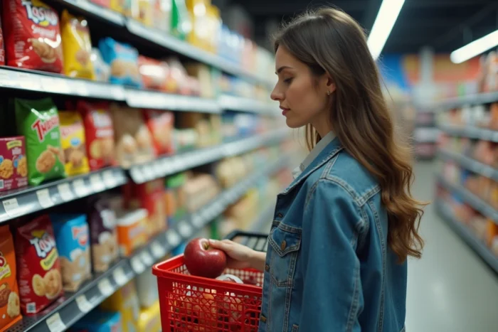 Femme dans un supermarché qui tourne le dos aux aliments ultra-transformés et choisit des aliments naturels comme une pomme et un yaourt
