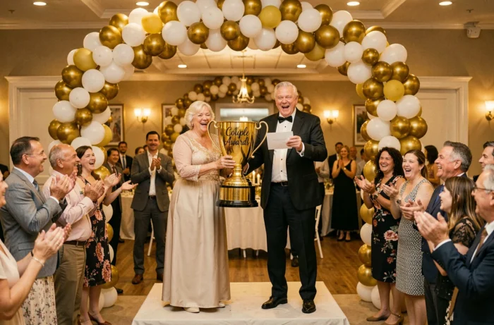 Un couple de seniors recevant un faux trophée géant lors d'une parodique cérémonie des 'Couple Awards' devant leurs proches