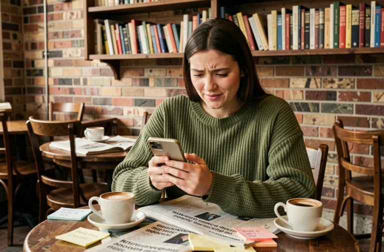 Jeune femme amusée lisant des actualités insolites sur son smartphone dans un café vintage