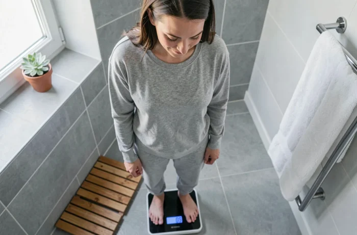 Femme se pesant sur une balance dans une salle de bain minimaliste, illustrant la perte d'un kilo en une semaine