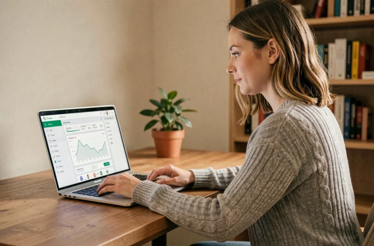 Femme utilisant un service bancaire en ligne sur un ordinateur portable dans un bureau à domicile moderne
