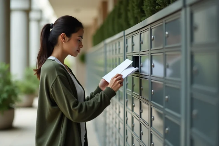 Femme récupérant son courrier dans une boîte postale métallique en résidence urbaine