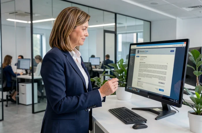 Vrouw in een leidinggevende functie die een cv bekijkt op een computerscherm in een kantoorgebouw om haar carrière een boost te geven