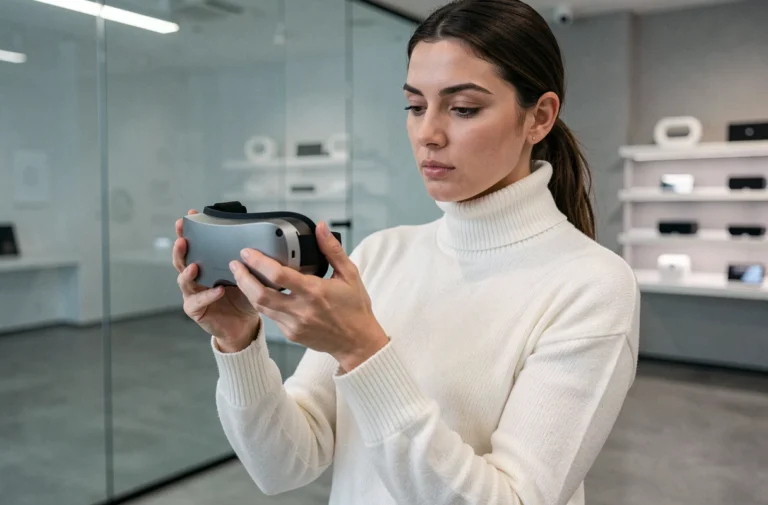 Femme tenant un casque de réalité augmentée dans un showroom technologique moderne en 2024