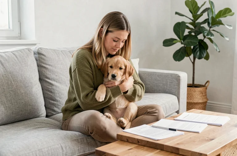 Femme tenant son chiot golden retriever tout en consultant des documents d'assurance santé animale sur son canapé