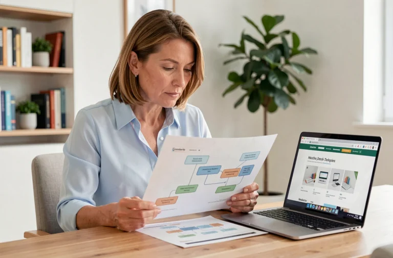 Femme consultant un plan de navigation de site de mutuelle sur papier et ordinateur portable dans un bureau à domicile