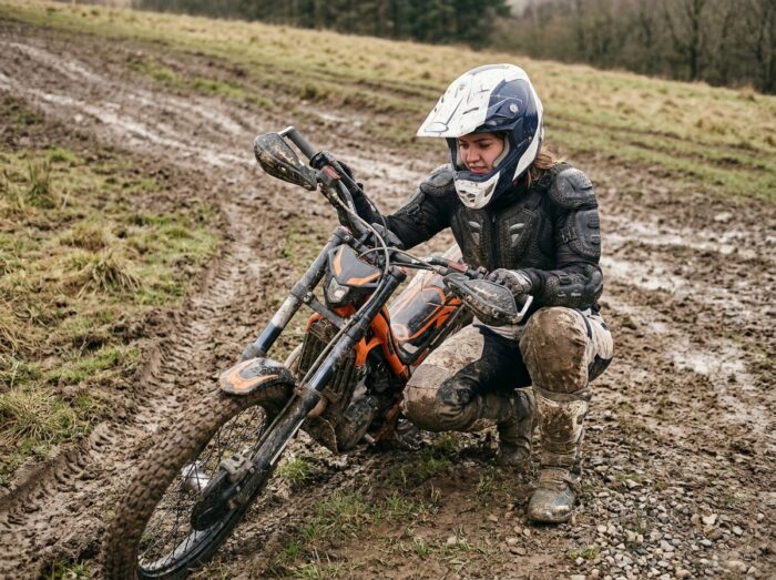 Beginner woman in trial motorcycle riding lifting her bike after a fall on muddy terrain, a common balance mistake