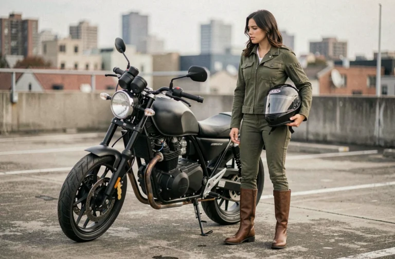 Femme débutante en moto tenant un casque intégral à côté de sa moto naked dans un parking urbain