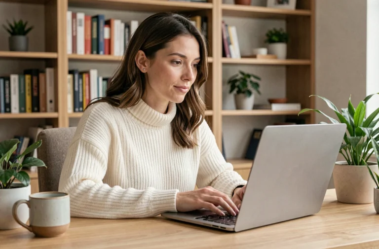 Femme parcourant les nouveautés du site Owly Mary sur son ordinateur portable dans un bureau à domicile moderne