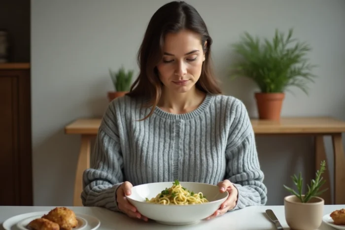 Femme enceinte assise devant un bol de pâtes au pesto avec une expression hésitante