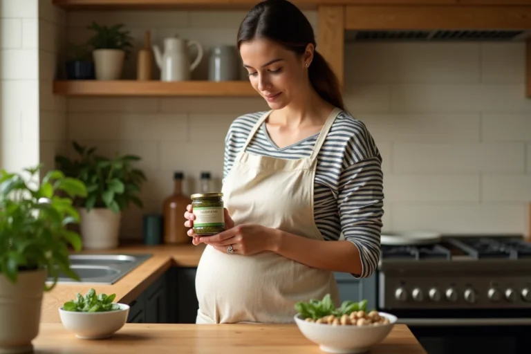 Femme enceinte lisant l'étiquette d'un pot de pesto dans une cuisine en bois