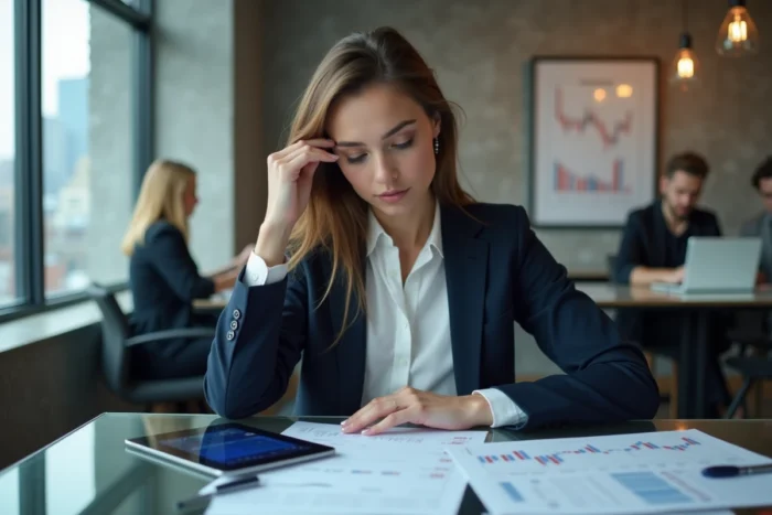 Femme professionnelle étudiant un portefeuille d'investissement dans un espace de coworking moderne