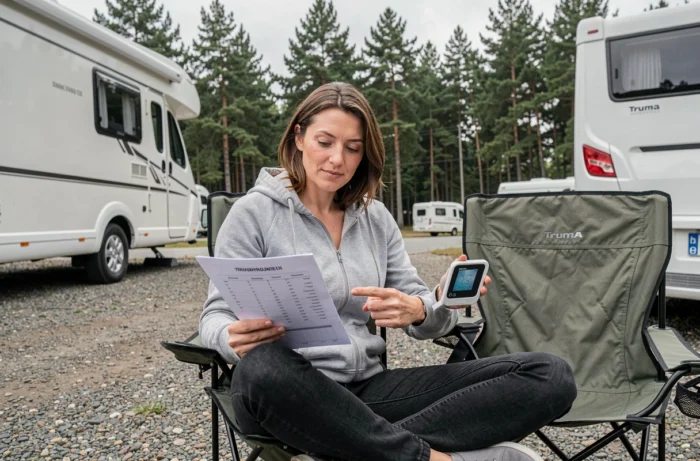 Femme consultant un guide de dépannage pour les codes erreur Truma cp plus en camping