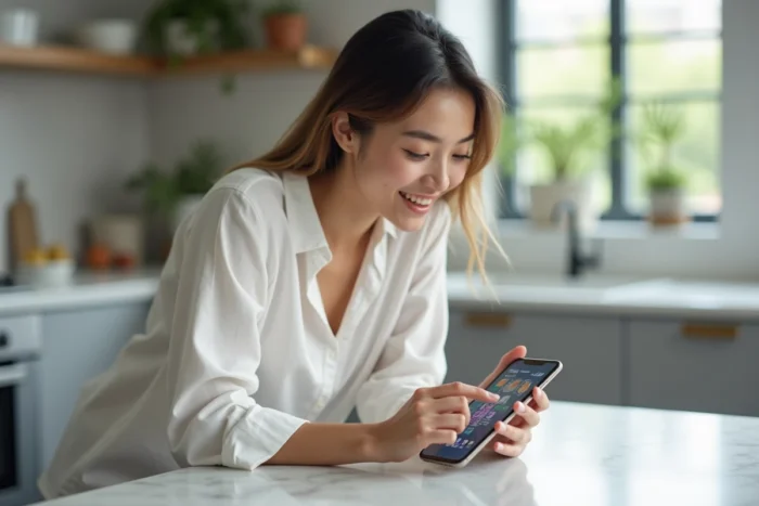 Femme jouant au jeu du nain de jardin Google sur smartphone dans une cuisine moderne