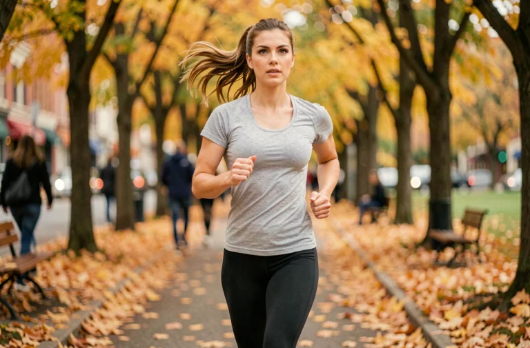 Femme sportive faisant du jogging dans un parc urbain en automne, illustrant l'actualité sportive et les conseils pour rester en forme