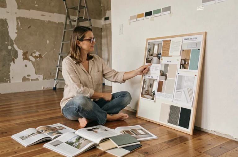 Femme consultant des magazines de décoration intérieure entourée d'échantillons de matériaux dans une pièce en cours de rénovation