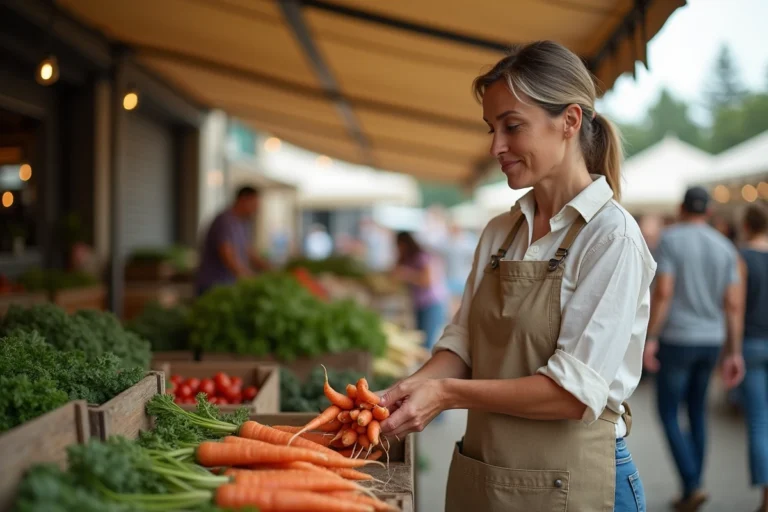 Femme examinant des carottes fraîches sur un marché fermier local en plein air