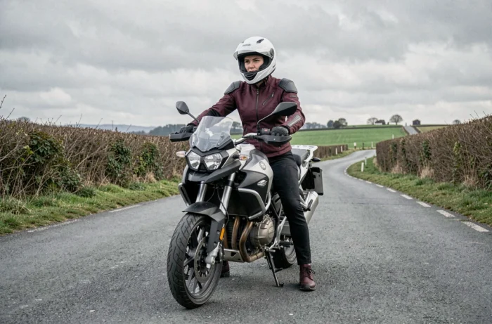 Femme motarde assise sur une moto adventure sur une route de campagne en position stationnaire