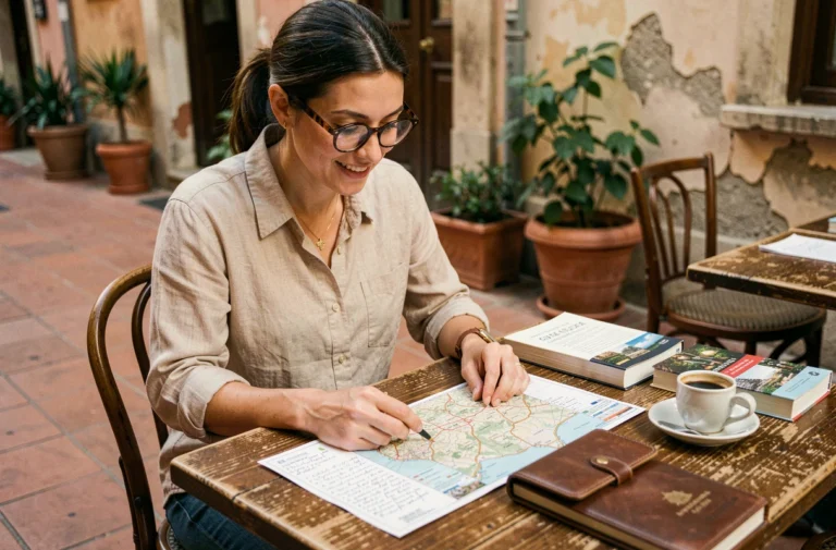 Femme organisant son voyage dans un café européen avec une carte papier et des carnets de voyage