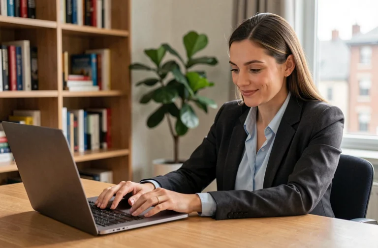 Femme professionnelle cherchant des offres d'emploi en ligne sur son ordinateur portable dans un bureau à domicile moderne