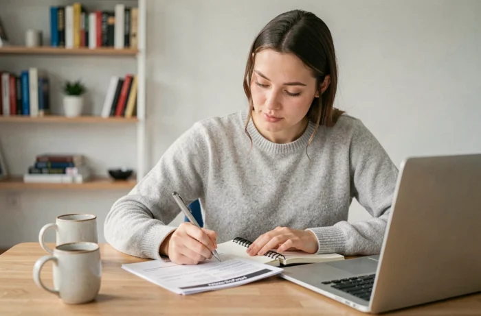 Femme consultant des annonces immobilières pour trouver un logement en location